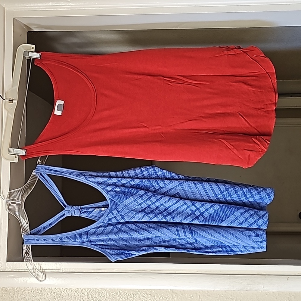 2 pieces.  Blue Tank & Burnt Orange Tank Tops.  Both Size Medium. Tote 1.